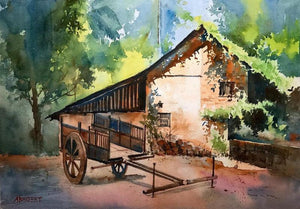 Landscape watercolor painting titled 'Village Countryside Cart', 14x20 inches, by artist Abhijeet Bahadure on Paper
