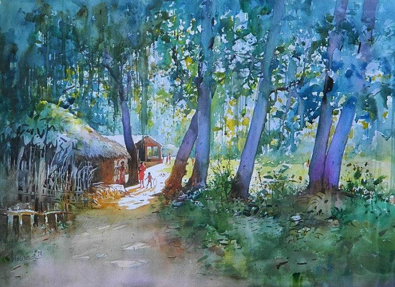 Cityscape watercolor painting titled 'Village Home', 22x29 inches, by artist Bijay Biswaal on Paper