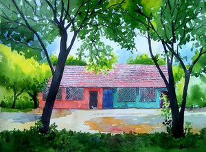 Village House (Rustic Hues) by Rahul Salve, Original Watercolor Landscape Painting on Paper, Small Horizontal Wall Art