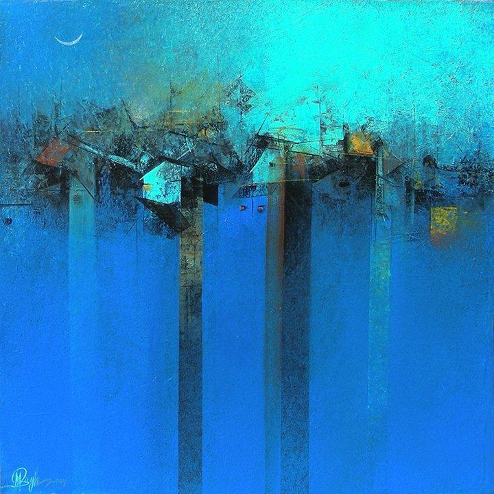 Village In Blue Painting by M Singh | ArtZolo.com