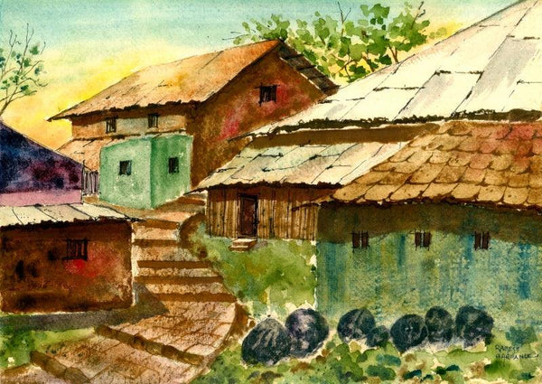 Village Roofs Painting by Ramessh Barpande | ArtZolo.com