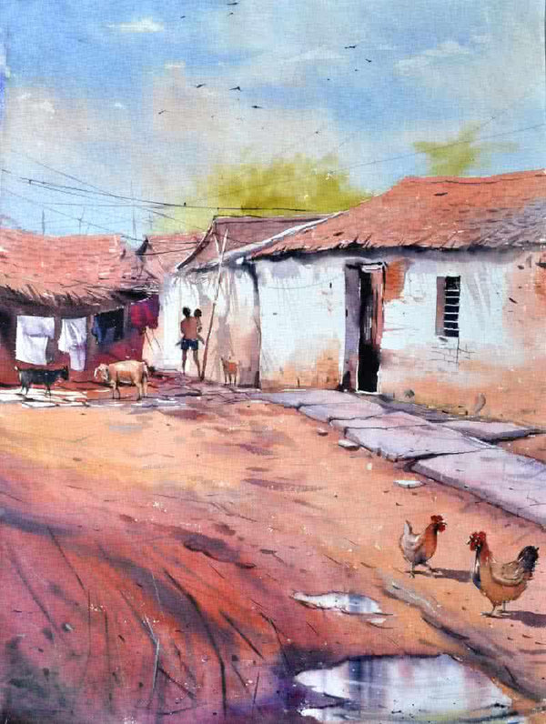 Village Secnic Painting by Amit Kapoor | ArtZolo.com
