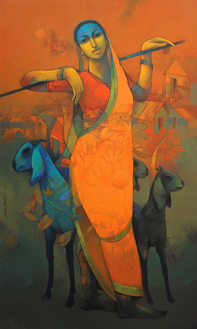 Figurative acrylic painting titled 'Village Woman', 60x36 inches, by artist Sachin Akalekar on Canvas