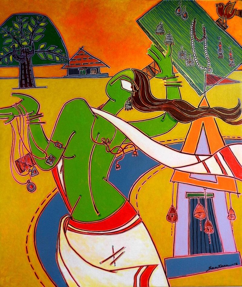 Figurative acrylic painting titled 'Village Woman', 38x32 inches, by artist Santanu Nandan Dinda on Canvas