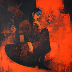 Figurative acrylic painting titled 'Village Woman', 36x36 inches, by artist Sachin Akalekar on Canvas