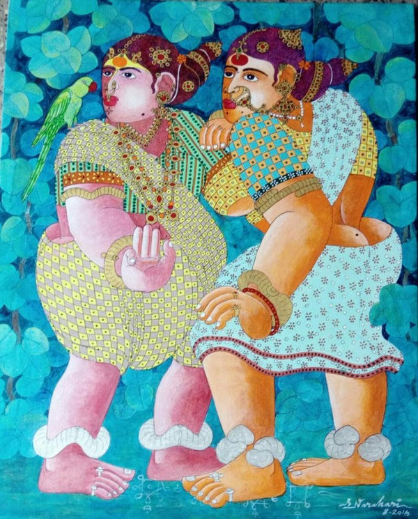 Village Women With Parrot 4 Painting by Bhawandla Narahari | ArtZolo.com
