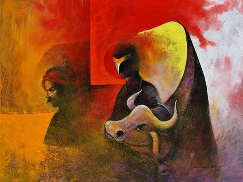 Villager And The Cow Painting by Narayan Shelke | ArtZolo.com
