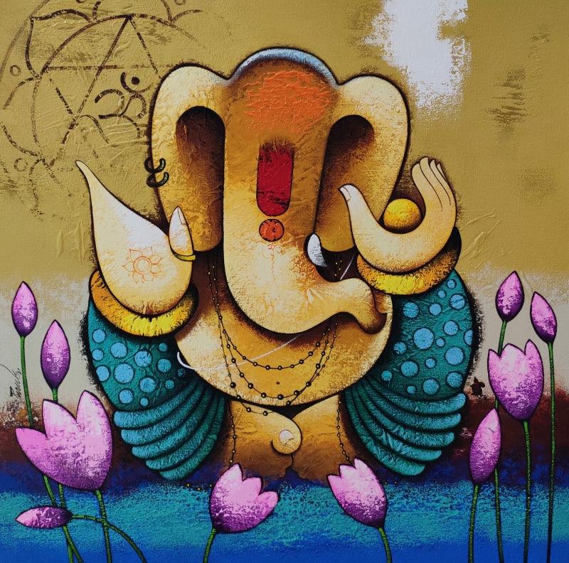 Religious acrylic painting titled 'Vinayaka', 30x30 inches, by artist Paras Parmar on Canvas