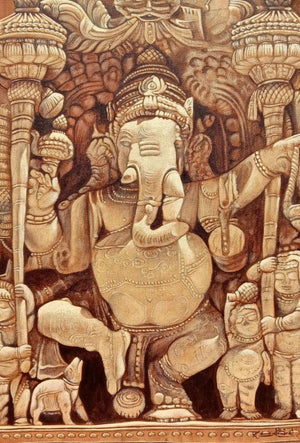 Religious acrylic painting titled 'Vinayaka (Wood)', 28x20 inches, by artist Sakthivel Ramalingam on Canvas