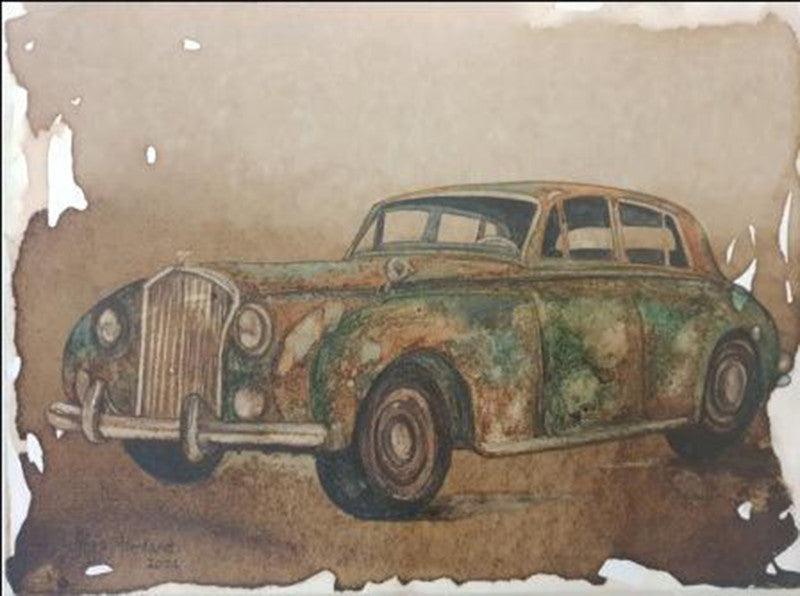 Transportation coffee & watercolor painting titled 'Vintage Car 1', 12x16 inches, by artist Afza Tamkanat on Canvas