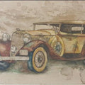 Transportation coffee & watercolor painting titled 'Vintage Car 2', 12x16 inches, by artist Afza Tamkanat on Canvas