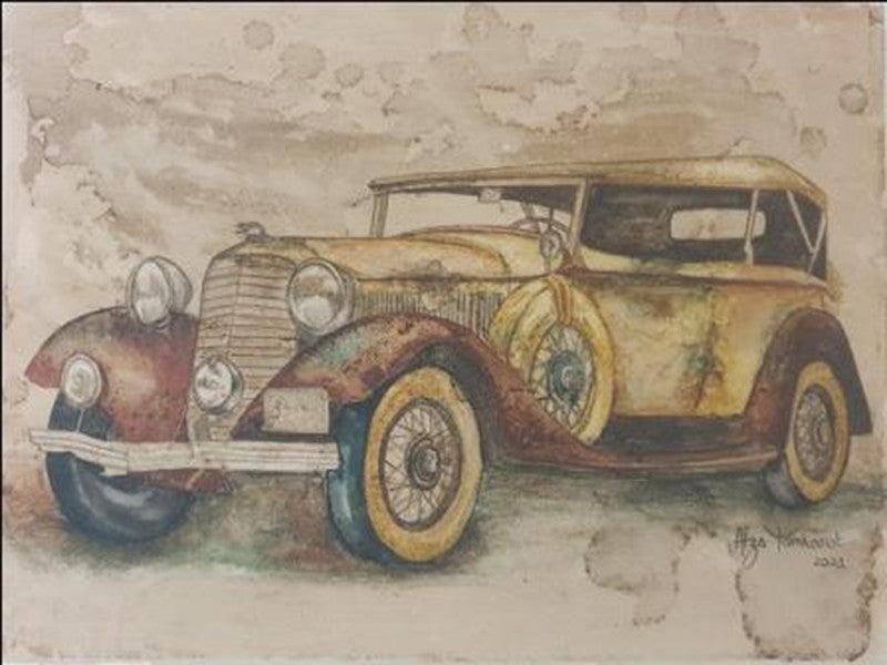 Transportation coffee & watercolor painting titled 'Vintage Car 2', 12x16 inches, by artist Afza Tamkanat on Canvas