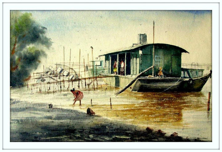 Vintage Ship At River Side Painting by Biki Das | ArtZolo.com