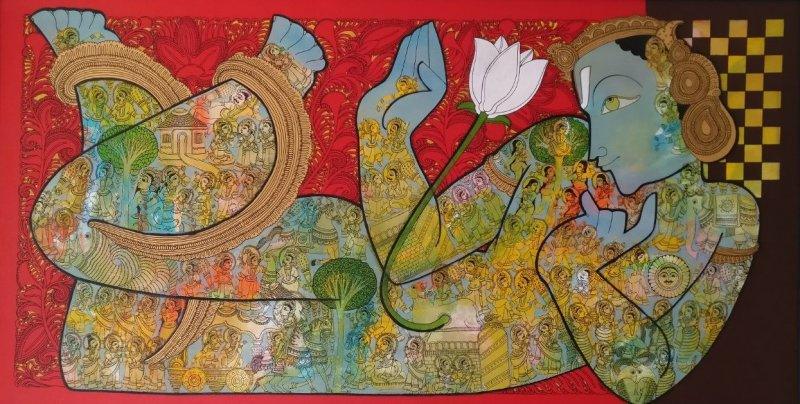 Religious mixed media painting titled 'Vishnu', 36x60 inches, by artist Ramesh Gorjala on Canvas
