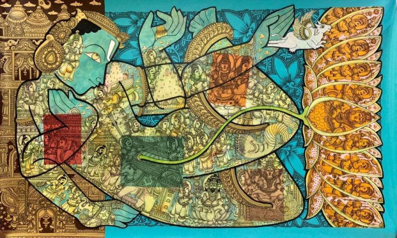 Religious acrylic painting titled 'Vishnu', 48x72 inches, by artist Ramesh Gorjala on Canvas