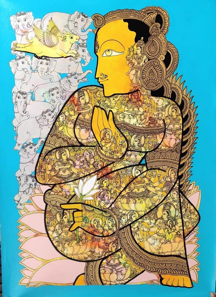 Religious acrylic painting titled 'Vishnu', 48x22 inches, by artist Ramesh Gorjala on Canvas