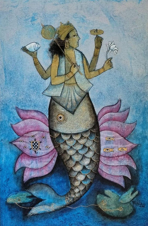 Religious acrylic painting titled 'Vishnumatsya Avatar 2', 18x12 inches, by artist Pooja Shelke on Canvas