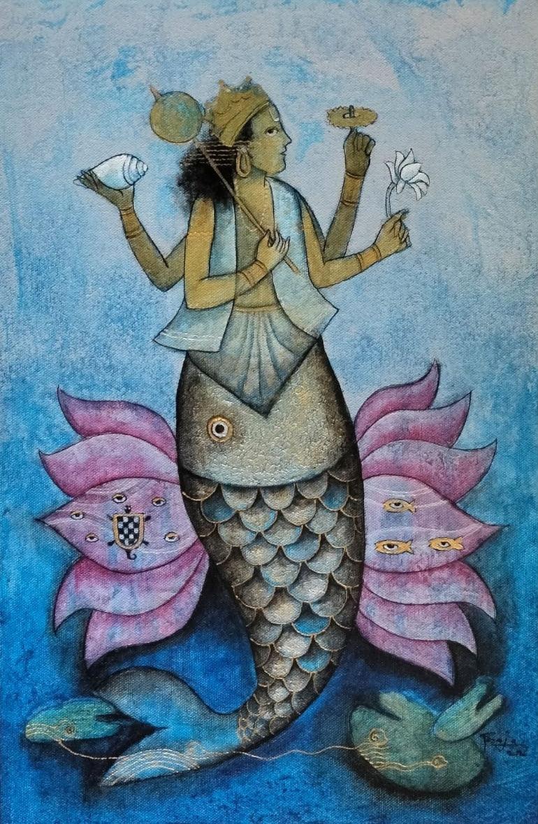 Religious acrylic painting titled 'Vishnumatsya Avatar 2', 18x12 inches, by artist Pooja Shelke on Canvas