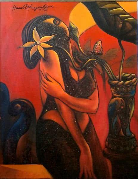 Fantasy acrylic painting titled 'Waiting', 33x26 inches, by artist Hamlet Shougrakpam on Canvas