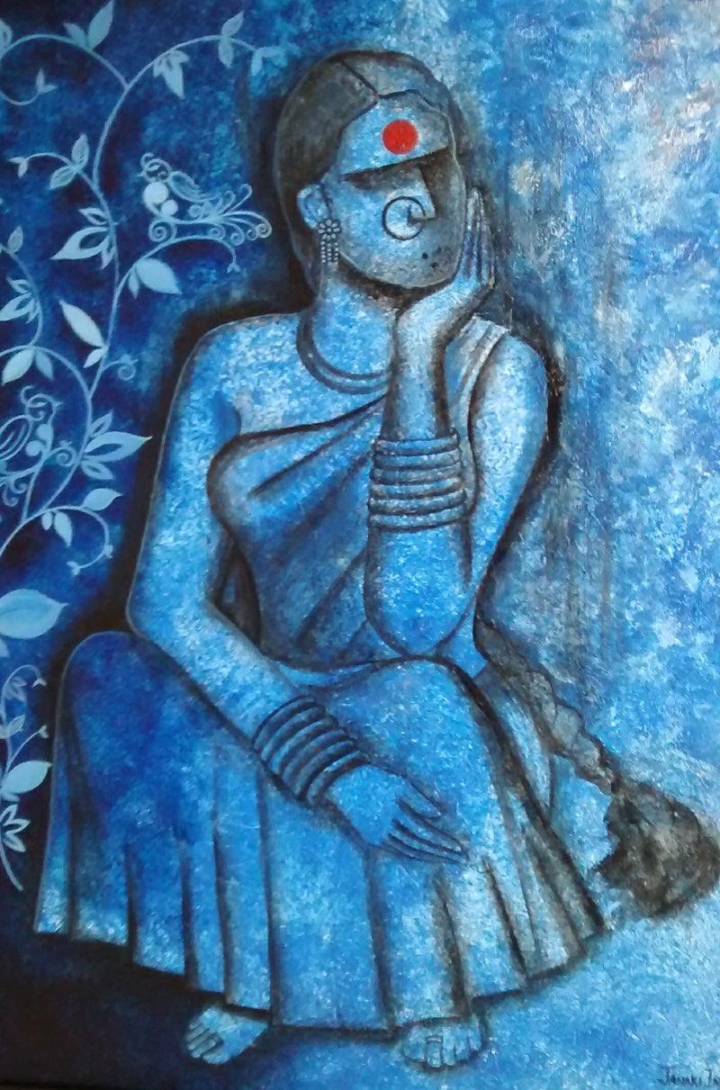 contemporary acrylic painting titled 'Waiting', 20x30 inches, by artist Janaki Injety on Canvas