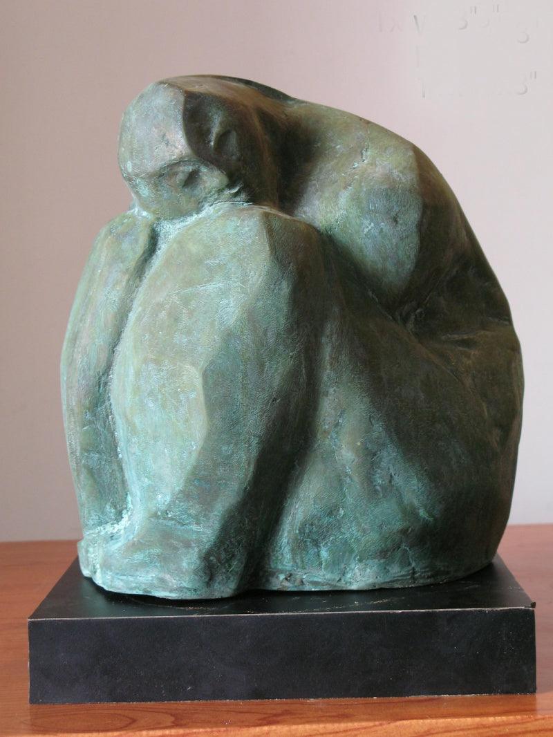 Figurative sculpture titled 'Waiting', 11x10x8 inches, by artist Shankar Ghosh on Bronze