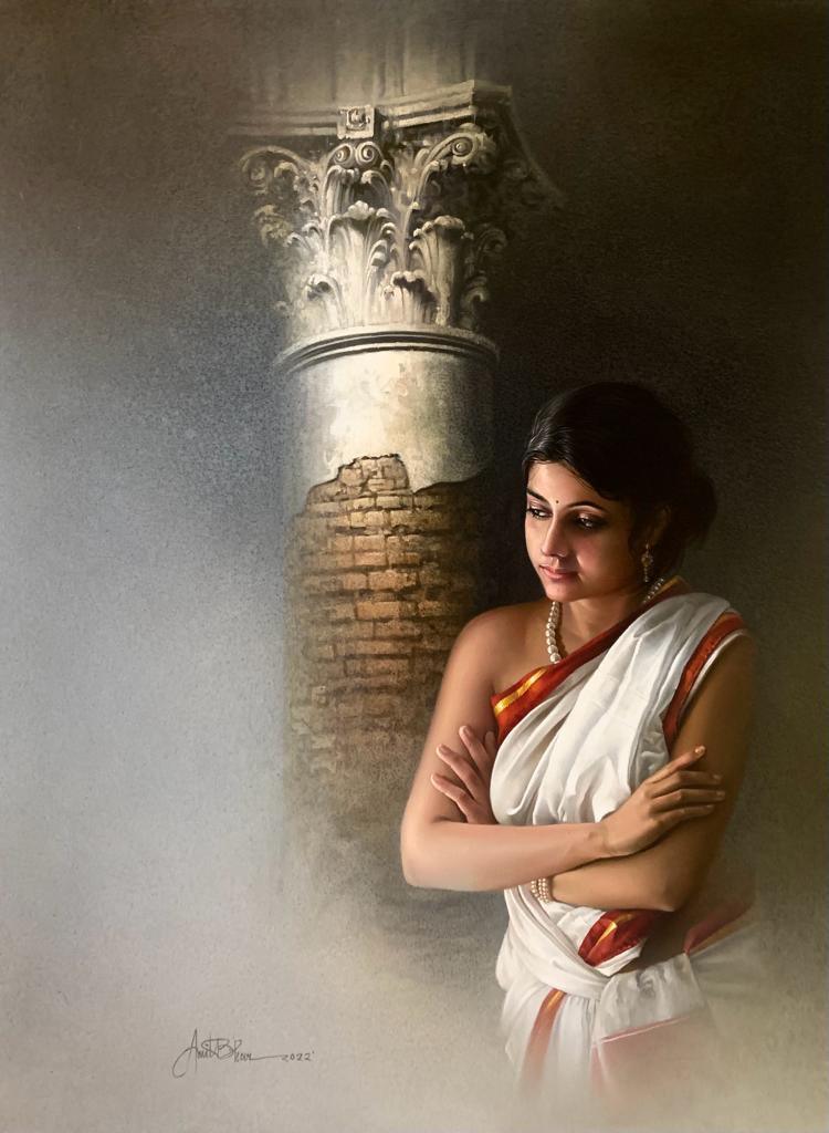 Figurative acrylic oil painting titled 'Waiting', 40x30 inches, by artist Amit Bhar on Canvas