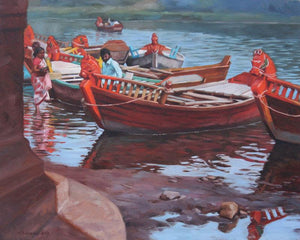 Cityscape oil painting titled 'Waiting', 24x30 inches, by artist Manoj Deshmukh on Canvas