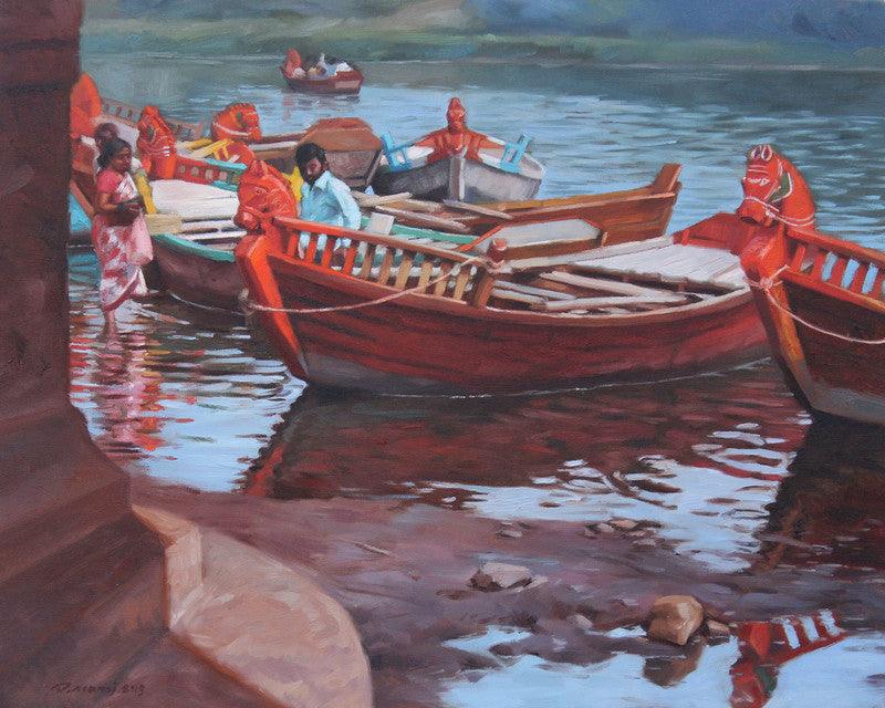 Cityscape oil painting titled 'Waiting', 24x30 inches, by artist Manoj Deshmukh on Canvas