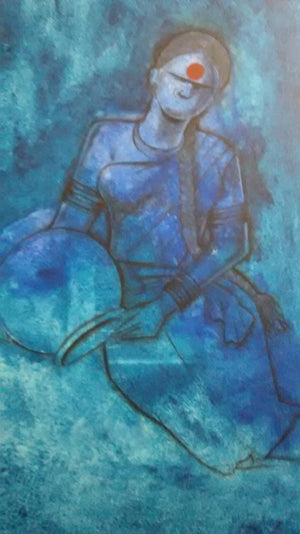 Figurative acrylic painting titled 'Waiting', 24x36 inches, by artist Janaki Injety on Canvas