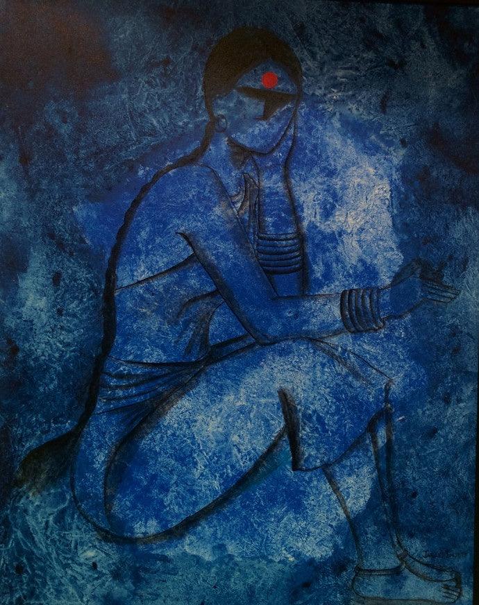 contemporary acrylic painting titled 'Waiting', 24x30 inches, by artist Janaki Injety on Canvas