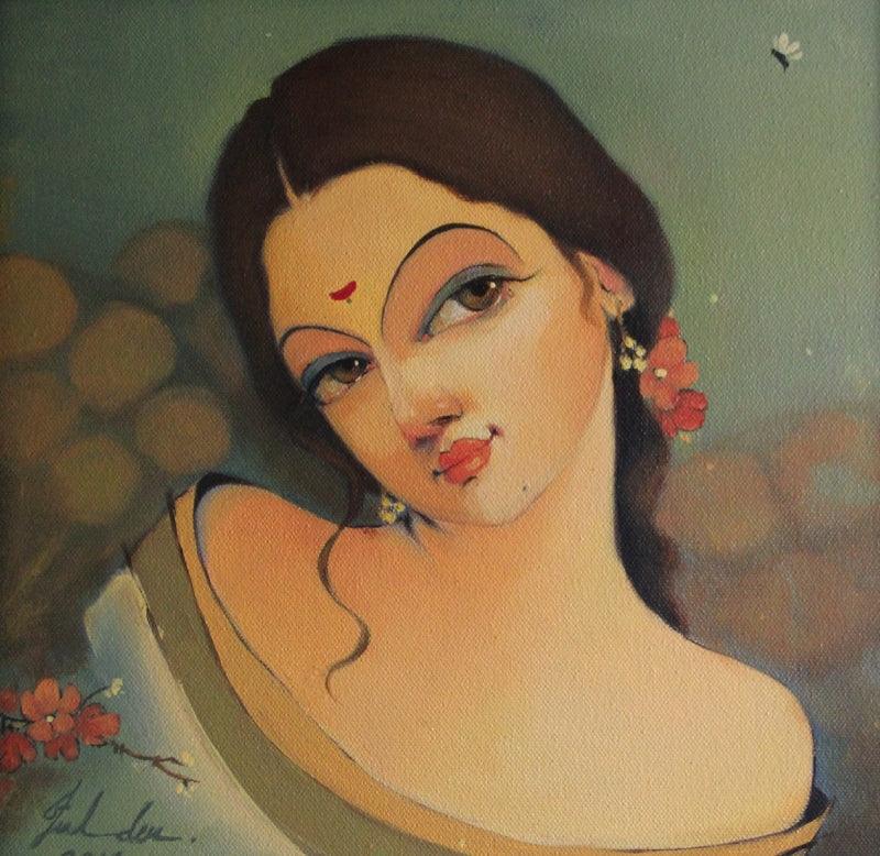 Figurative oil painting titled 'Waiting', 12x12 inches, by artist Renuka Fulsoundar on Canvas