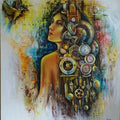 Figurative acrylic painting titled 'Waiting', 30x36 inches, by artist Sonia Kumar on Canvas