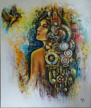 Waiting (Timeless Contemplation) by Sonia Kumar, Original Acrylic Figurative Painting on Canvas, Medium Vertical Wall Art