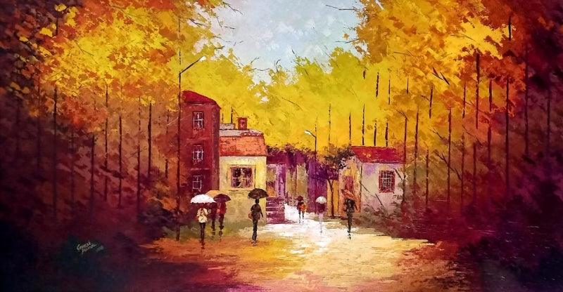 Landscape acrylic painting titled 'Walk In The Rain', 30x56 inches, by artist Ganesh Panda on Canvas