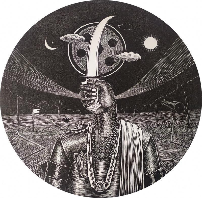 contemporary printmaking titled 'Warrior', 30x30 inches, by artist Prashant Kuwar on Wood Cut