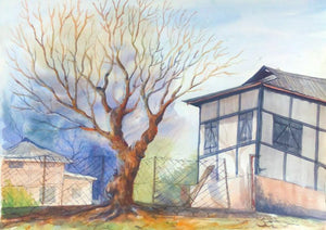 Water Colour On The Spot At Assam (Winters Embrace) by Biki Das, Original Watercolor Landscape Painting on Paper, Small Horizontal Wall Art
