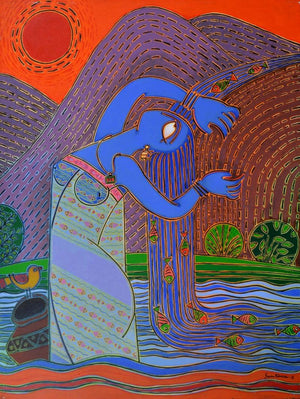 Figurative acrylic painting titled 'Water fall', 48x36 inches, by artist Santanu Nandan Dinda on Canvas