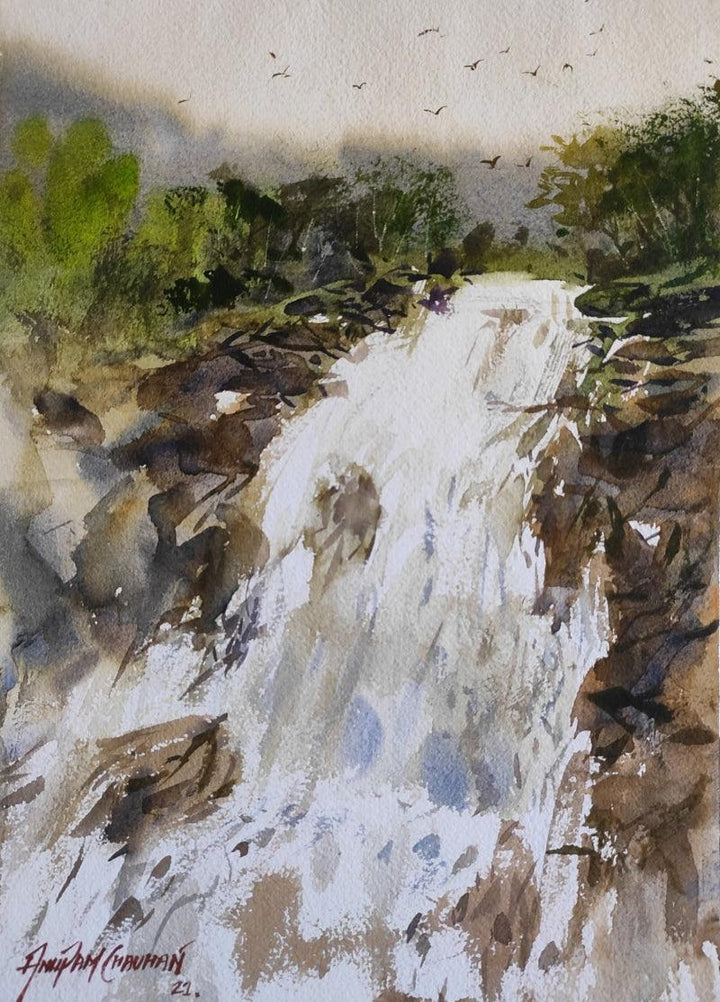 Waterfall Painting by Anupam Chauhan | ArtZolo.com