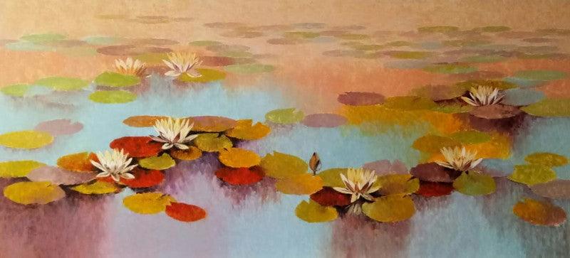 Nature oil painting titled 'Waterlilies 1', 36x84 inches, by artist Swati Kale on Canvas