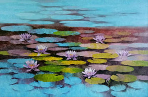 Nature oil painting titled 'Waterlilies 112', 48x72 inches, by artist Swati Kale on Canvas