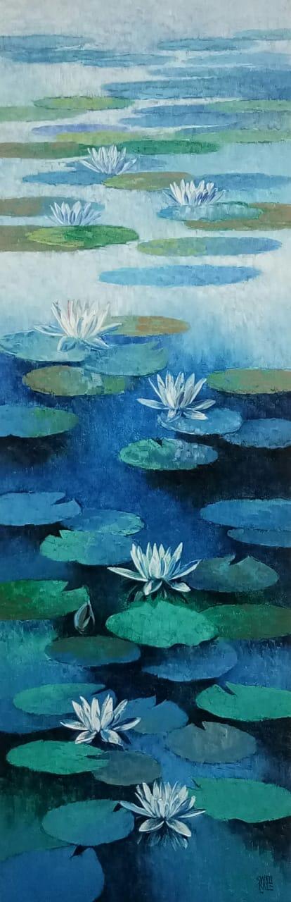 Nature oil painting titled 'Waterlilies 2', 72x24 inches, by artist Swati Kale on Canvas