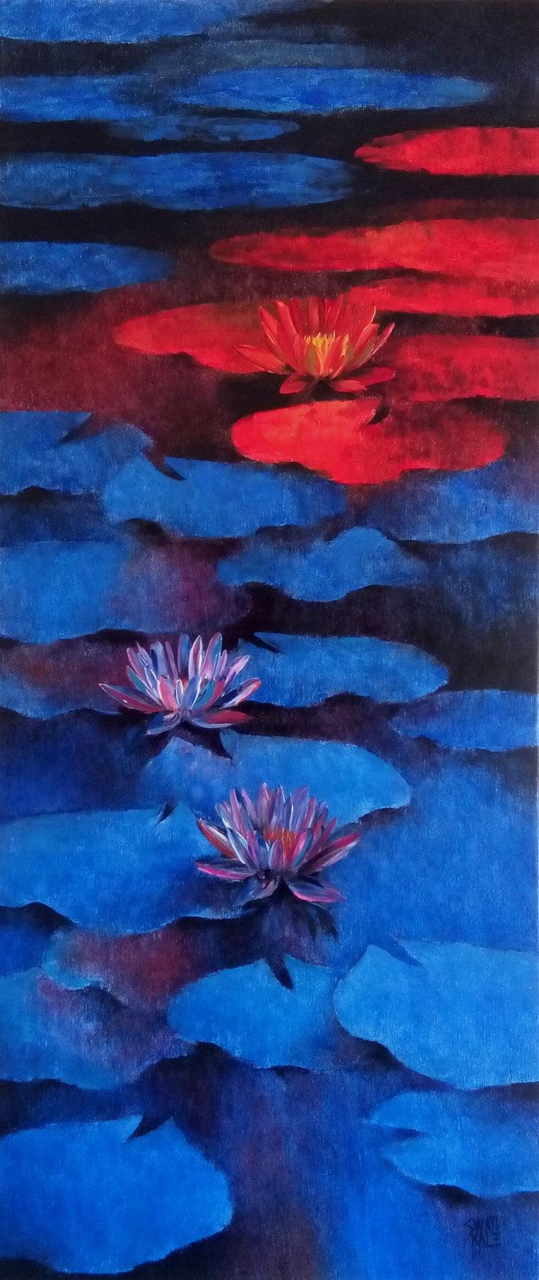 Nature oil painting titled 'Waterlilies 3', 42x18 inches, by artist Swati Kale on Canvas