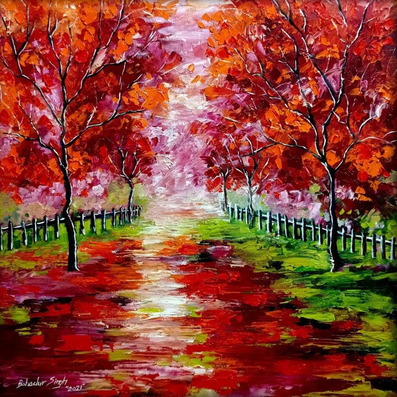 Nature oil painting titled 'Way Of Life 5', 39x39 inches, by artist Bahadur Singh on Canvas