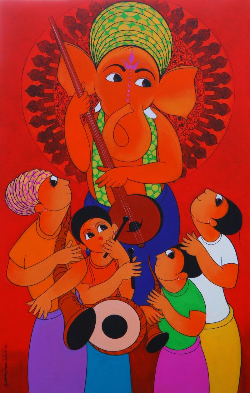 Religious acrylic painting titled 'Welcome Ganesha', 60x36 inches, by artist Dnyaneshwar Bembade on Canvas