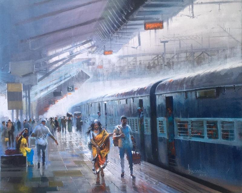 Cityscape acrylic painting titled 'Wet Platform 31', 30x36 inches, by artist Bijay Biswaal on Canvas