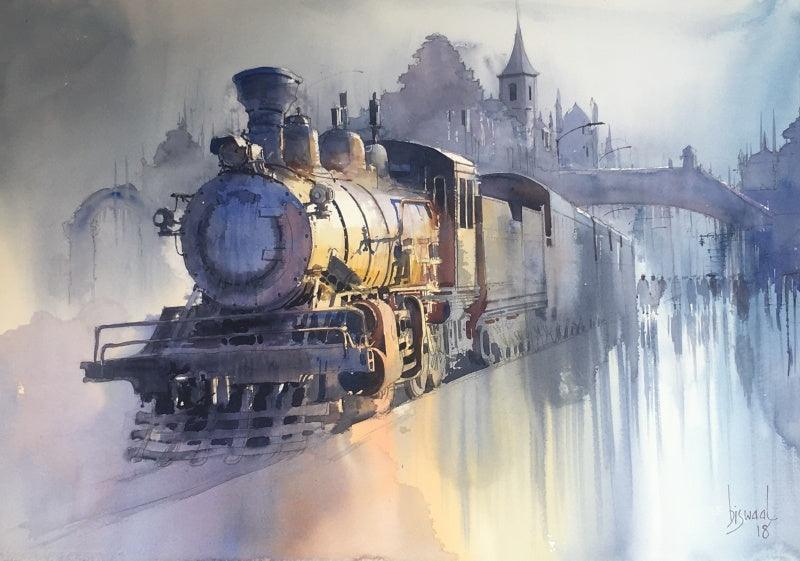 Cityscape watercolor painting titled 'Wet Platform', 22x30 inches, by artist Bijay Biswaal on Paper