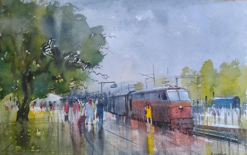 Cityscape watercolor painting titled 'Wet Platform', 14x20 inches, by artist Bijay Biswaal on Paper