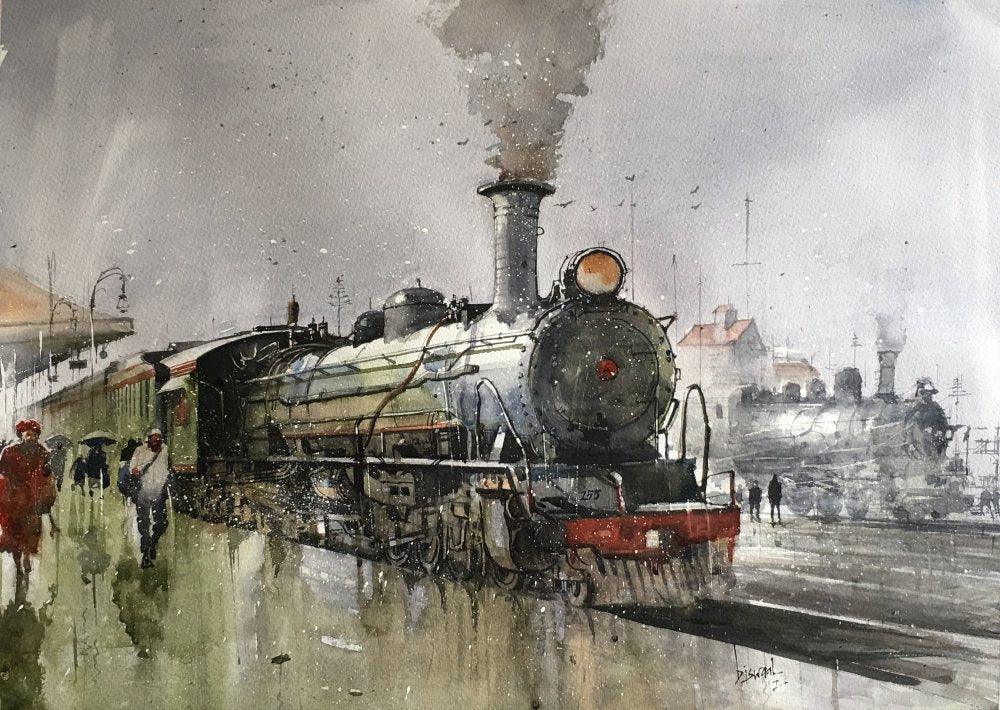 Cityscape watercolor painting titled 'Wet Platform Lucknow', 22x29 inches, by artist Bijay Biswaal on Paper