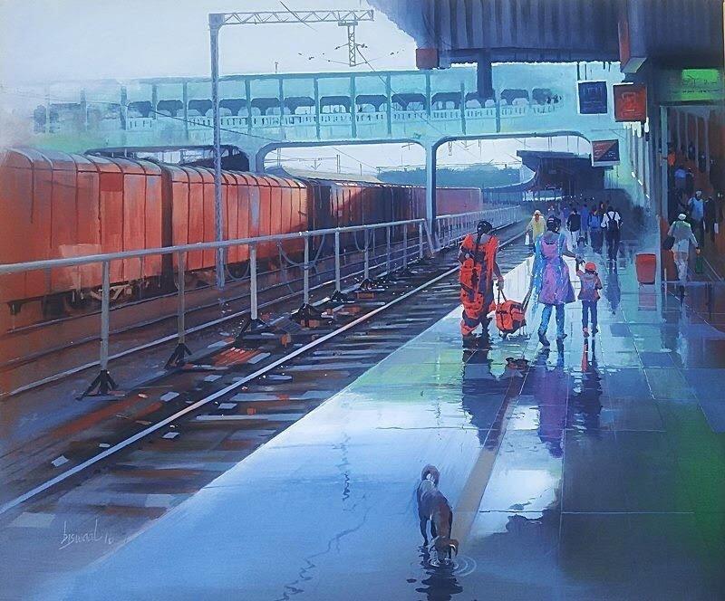 Cityscape acrylic painting titled 'Wet Platform Nagpur', 30x36 inches, by artist Bijay Biswaal on Canvas