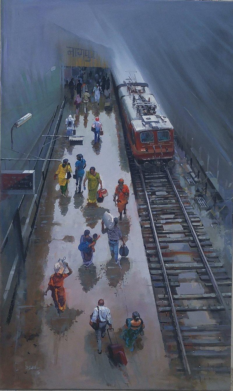 Cityscape acrylic painting titled 'Wet Platform Nagpur', 60x36 inches, by artist Bijay Biswaal on Canvas